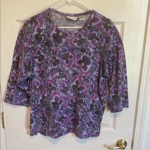 Purple and Blue 3/4 Sleeve Blouse with Floral Print